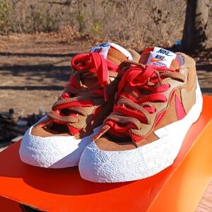 NIKE BLAZER LOW SACAI SHOES BRITISH TAN RED MEN SZ 9.5